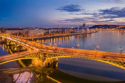 Budapest, Hungary - Aerial View of Blue Hour at Margaret Bridge by the Entrance To Margaret ...