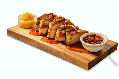 Pork belly braaivleis with mango and chili sauce served on a wooden plank. Restaurant food ...