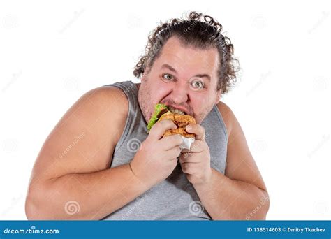 Portrait of Funny Fat Man Eating Fast Food Burger Isolated on White Background Stock Image ...