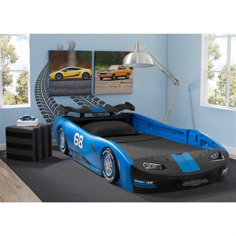 Boys Blue Race Car Bed Frame Twin Size Platform Plastic Kids Bedroom ...