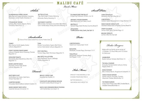 Menu at Malibu Cafe, Malibu, 327 Latigo Canyon Rd