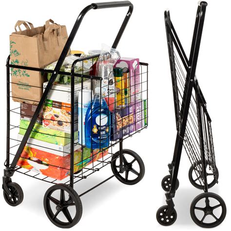 Folding Steel Grocery Cart w/ Double Basket, Swivel Wheels, 220lb Cap – Best Choice Products