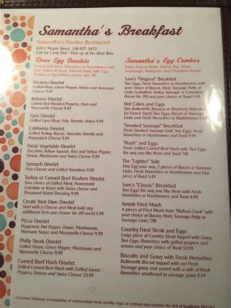 Menu at Samanthas Frontier Restaurant, Hartville