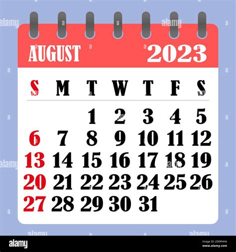 Letter calendar for August 2023. The week begins on Sunday. Time, planning and schedule concept ...