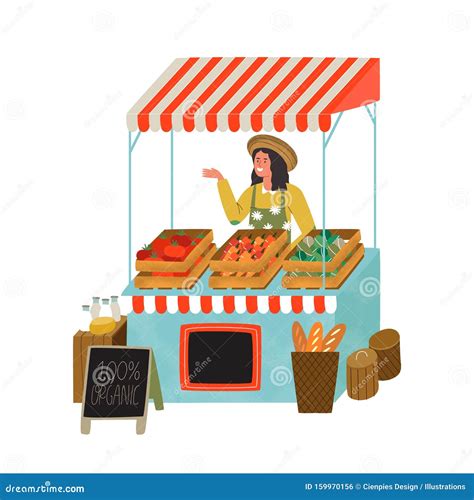 Farmer Market Stall Woman Selling Organic Food Stock Vector ...