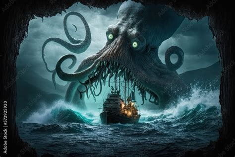 A giant octopus kraken monster attacking a pirate ship in the dark ...