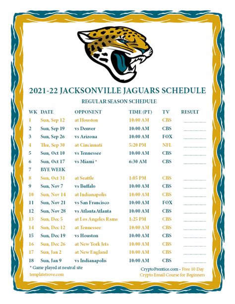 Printable 2021-2022 Jacksonville Jaguars Schedule