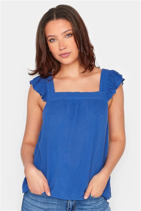 LTS Tall Women's Cobalt Blue Crinkle Frill Top | Long Tall Sally