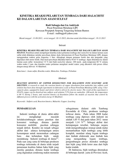 (PDF) KINETIKA REAKSI PELARUTAN TEMBAGA DARI MALACHITE KE DALAM LARUTAN ...