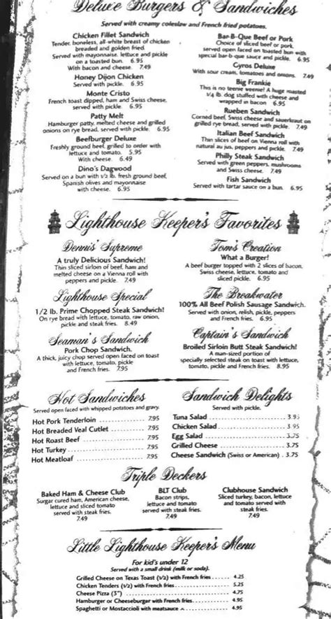 Menu at Lighthouse Restaurant, Michigan City