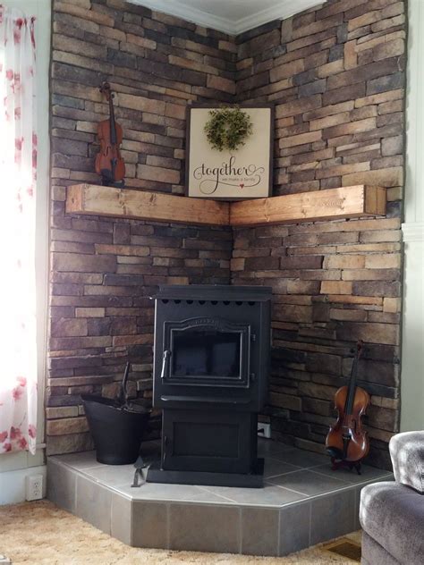 Stacked stone pellet stove surround | Wood stove fireplace, Wood stove ...