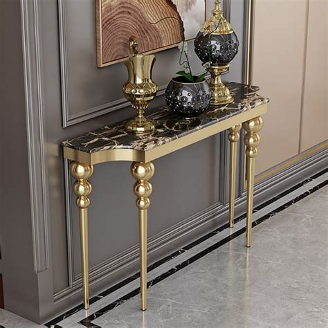 47.2" Black Narrow Console Table Faux Marble Entryway Table Stainless ...