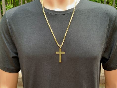 Large gold stainless steel cross necklace for men on a twisted rope chain, Gold twisted rope ...