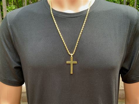 Large gold stainless steel cross necklace for men on a twisted rope chain, Gold twisted rope ...