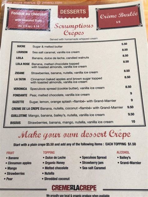 Menu at Crème de la Crêpe restaurant, San Diego