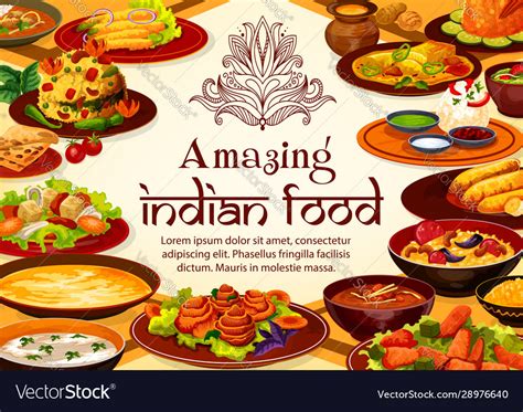 Indian food cuisine dishes restaurant menu cover Vector Image