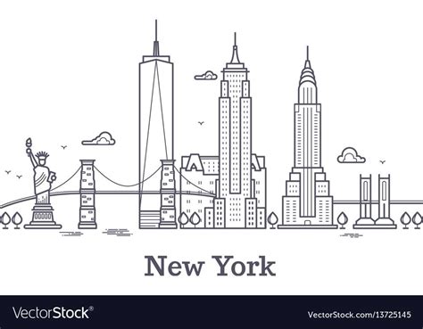New York city outline skyline, nyc line silhouette, usa tourist and travel vector concept. New ...