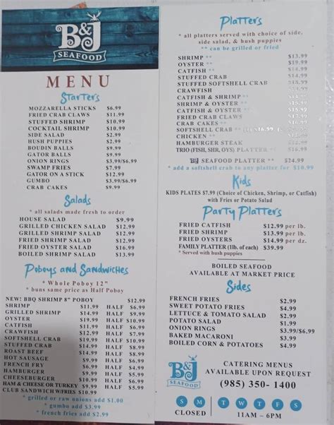 Menu at B & J Seafood restaurant, Hammond