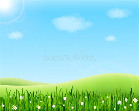 Summer Meadow Landscape with Green Grass, Flowers, Hills and Sun ...