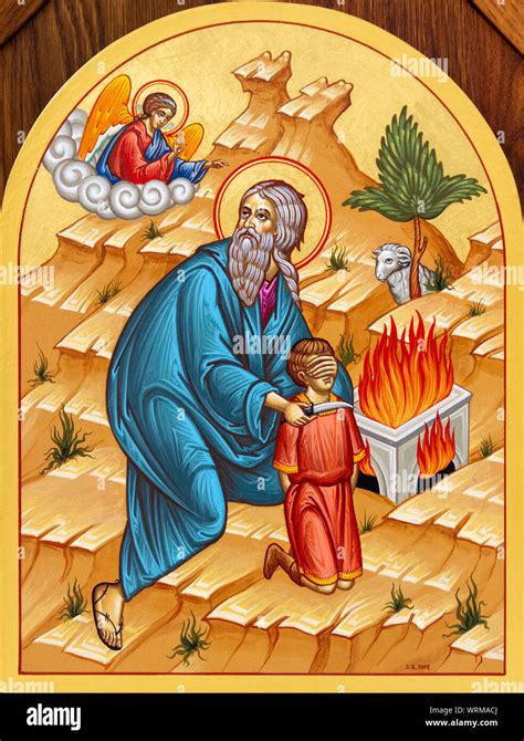 The icon of Abraham about to sacrifice His son Isaac on the Mount ...