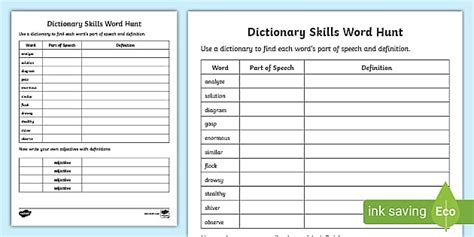 Dictionary Skills Word Table Worksheet / Worksheet - Twinkl