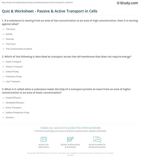 Quiz & Worksheet - Passive & Active Transport in Cells | Study.com