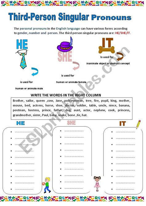 THIRD PERSON SINGULAR PRONOUNS - ESL worksheet by LIA THE TEACHER