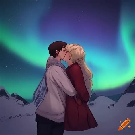 Couple kissing under northern lights in snowy mountains on Craiyon