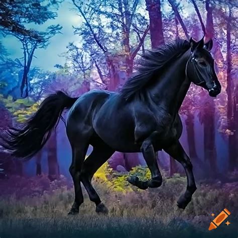 A wild free, totally black, beautiful horse in the forest, full body ...