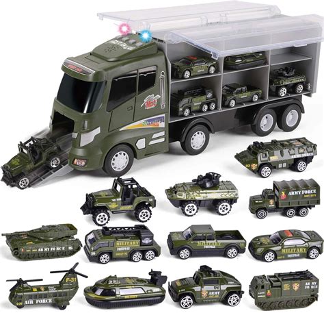 12 in 1 Die-cast Military Vehicle, Military Toys for Kids, Army Toy Cars in Carrier Truck F-536 ...