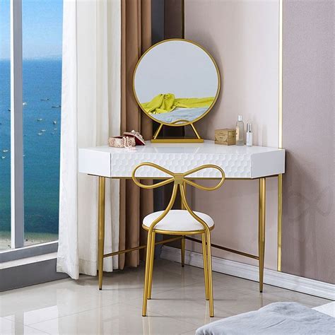 Luxury Modern Corner Dressing Vanity Table Set with Drawer & Mirror Triangle Corner Desk Chair ...