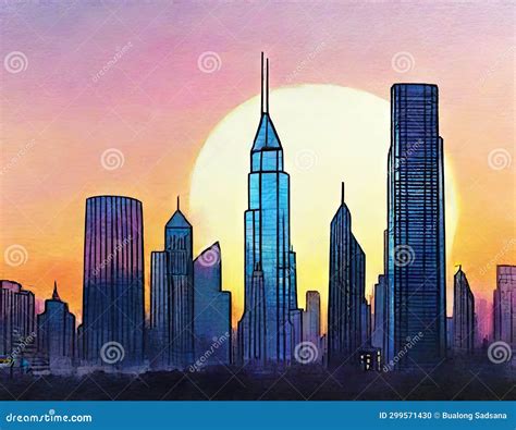 Watercolor of Cyberpunk Cityscape Skyline Stock Illustration ...