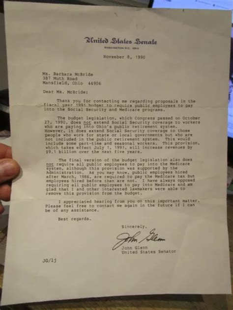 1990 UNITED STATES Senate John Glenn Senator Ohio Response Letter ...