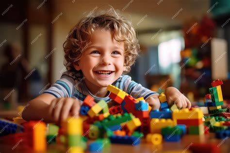 Premium AI Image | Young boy playing with lego blocks while smiling behind him