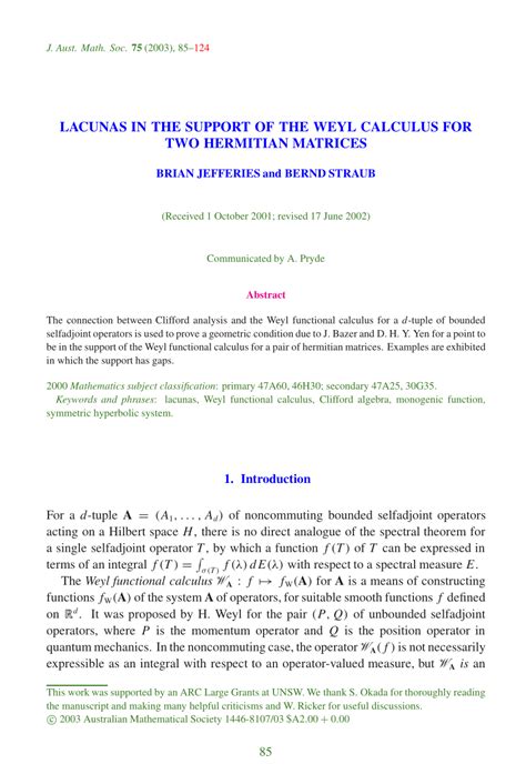 (PDF) Lacunas in the Support of the Weyl Calculus for Two Hermitian Matrices