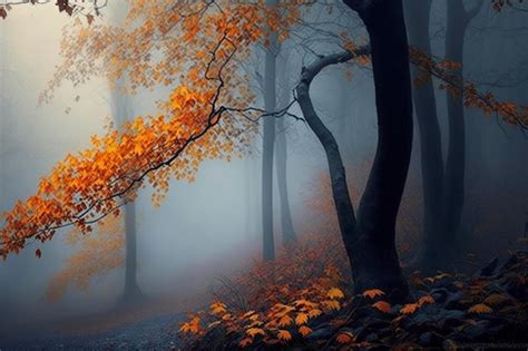 Premium AI Image | Autumn in forest fog