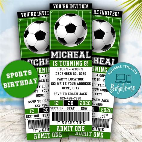 Editable Soccer Birthday Ticket Invitations Instant Download | Bobotemp