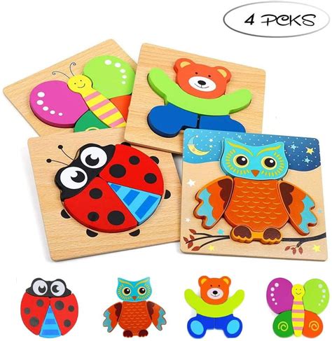 Wooden Animal Jigsaw Puzzles, Puzzles Toys with 4 Animals Patters for Toddlers 1 2 3 Years Old ...