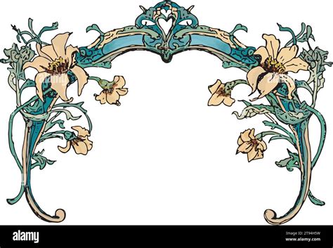 Tan and green flower arch, design element in art nouveau style, tan ...