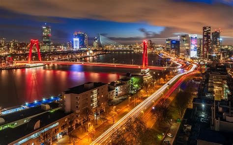 Wallpaper Rotterdam, Netherlands, city night, bridge, buildings ...