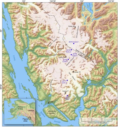 Transect of the Juneau Icefield ice cores collected in 2016 and 2017 ...