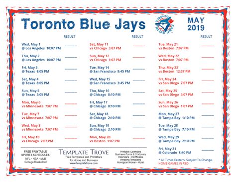 Printable 2019 Toronto Blue Jays Schedule