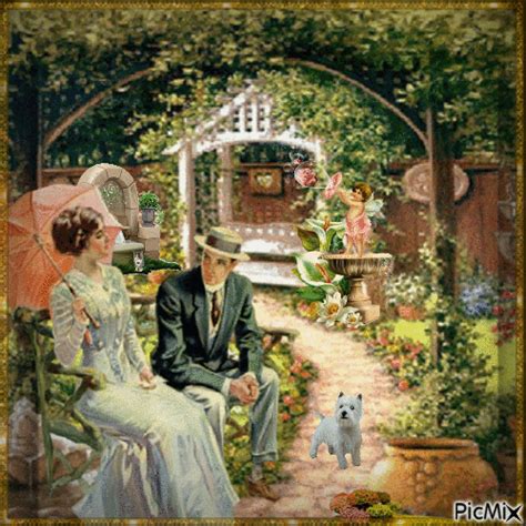 a painting of a man and woman sitting on a bench next to a dog