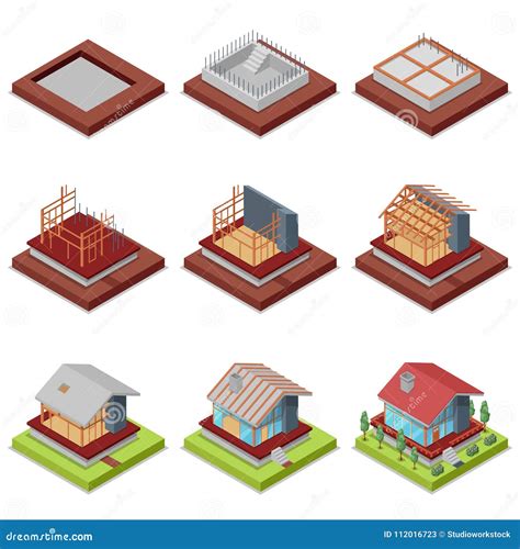 Isometric 3D Set Construction Stages of House Stock Vector ...