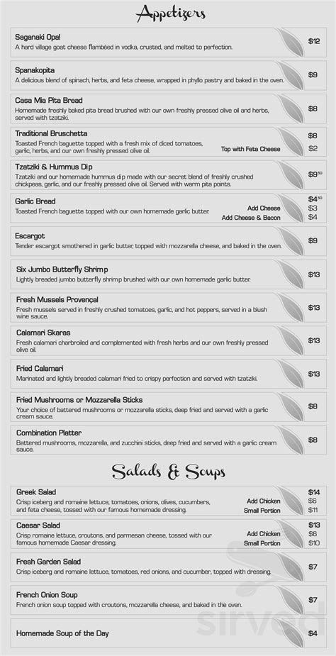 Casa Mia Barrie menu in Barrie, Ontario, Canada