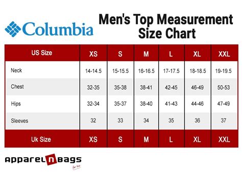 Columbia - Size Chart - ApparelnBags.com