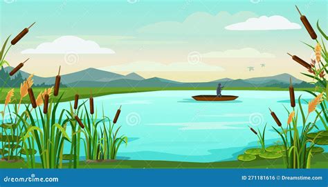 Cartoon Lake Aquatic Plants. Swamp Cattails, Marsh Reed And Blooming ...