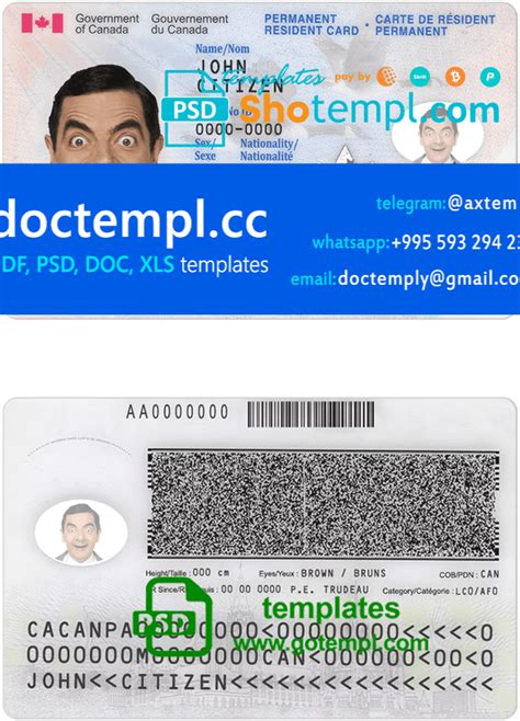 Canada Permanent resident card template in PSD format, fully editable, + editable PSD photo look