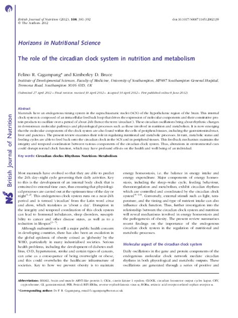 (PDF) The role of the circadian clock system in nutrition and metabolism | Felino Cagampang ...