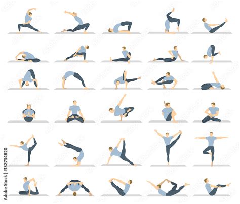 Yoga workout for men set on white background. Different poses and ...